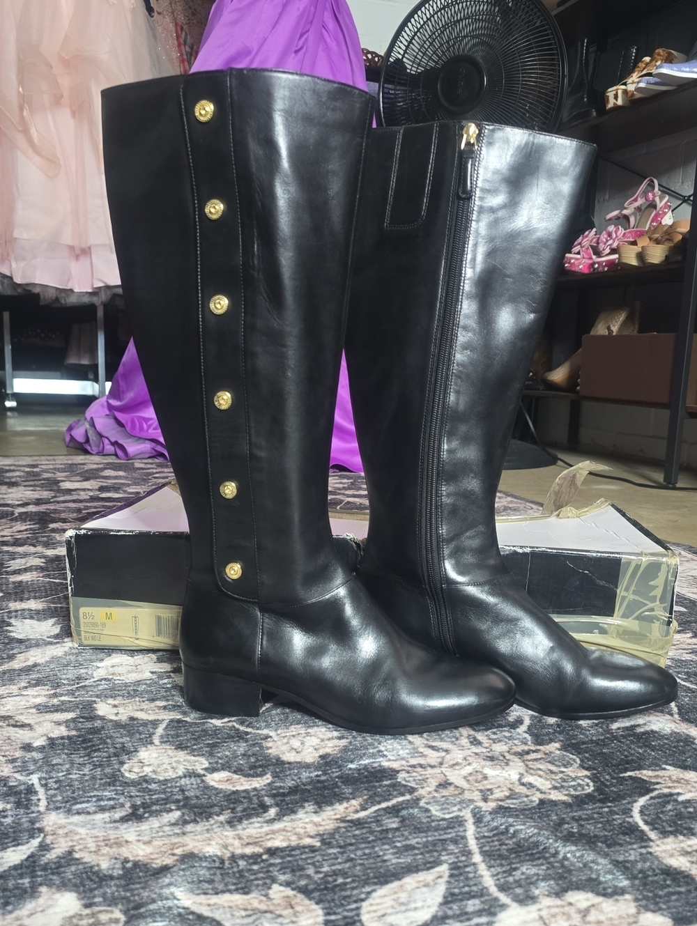 Nine West Black Leather Over-the-Knee Boots with Gold Button Detail